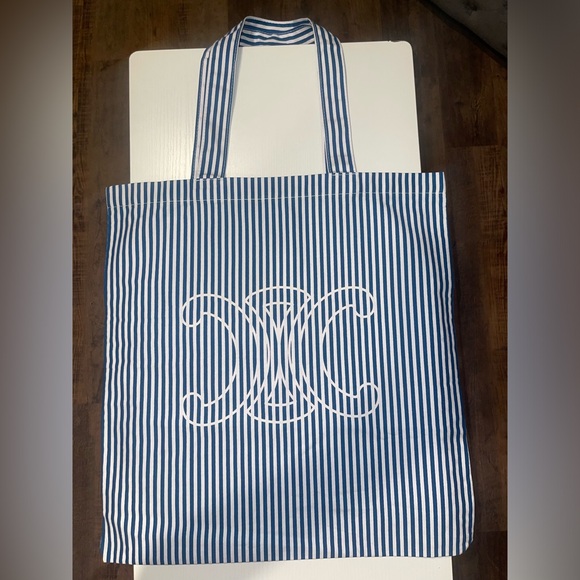 New Authentic Celine novelty tote in blue and white stripes - Picture 1 of 6